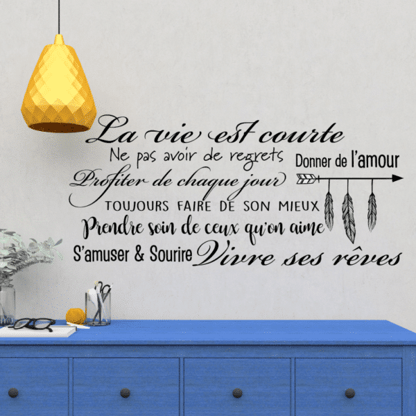 Citation autocollante décorative sur la vie, l'amour, la persévérance et plumes de style boho ou amérindien