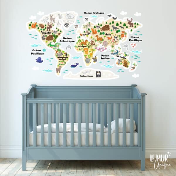 Carte du monde illustrée sur le thème des animaux,  en français, anglais ou espagnol – Image 4