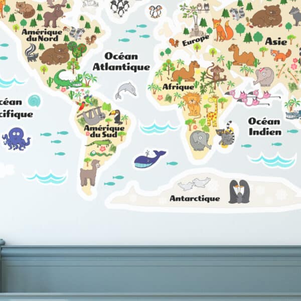 Carte du monde illustrée sur le thème des animaux,  en français, anglais ou espagnol – Image 2